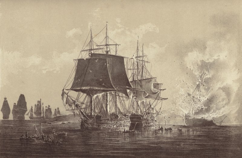 A Vsevolod orosz hajót az orosz flotta jelenlétében megsemmisítették a svéd haditengerészethez csatolt és Thomas Byam Martin kapitány parancsnoksága alatt álló HMS Implacable-vel a Balti-tengeren, 1808. augusztus 26. (litho) alkotó: English School