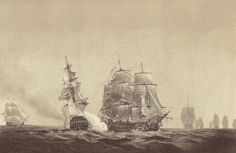 A Vszevolod orosz hajó a svéd haditengerészethez csatolt HMS Implacable-nek, Thomas Byam Martin kapitány parancsnoksága alatt, a Balti-tengeren, 1808. augusztus 26-án (lithó). alkotó: English School