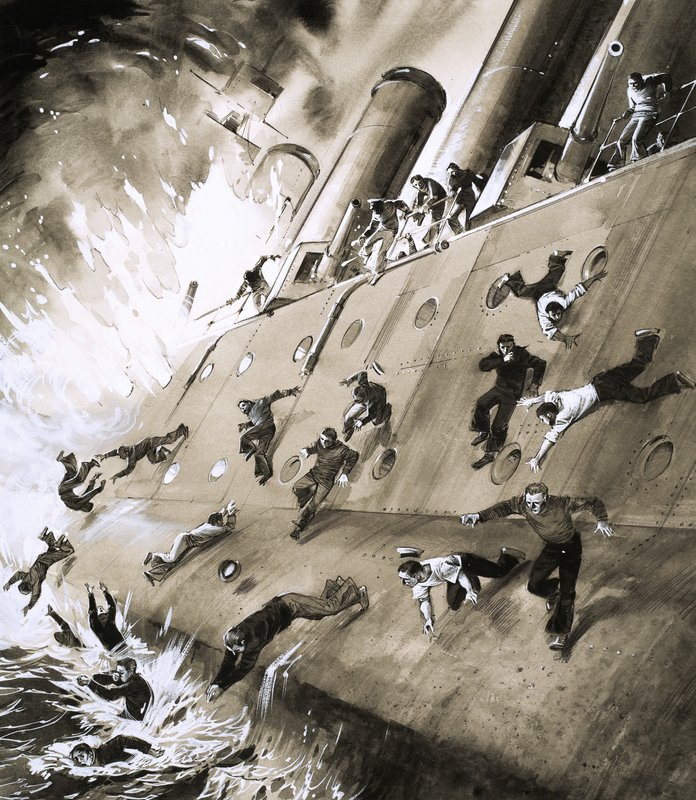 A tengerészek megszöktek a HMS Natal elől, amely kigyulladt Cromarty Firthben 1915-ben alkotó: English School