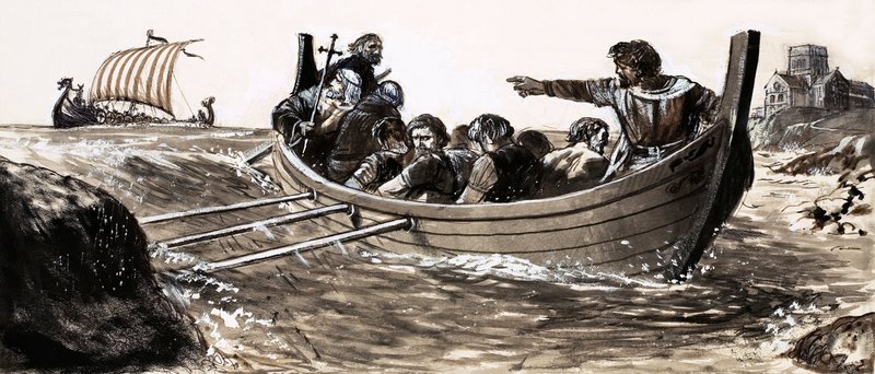 Saint Malo megszökik a portyázó vikingek elől (guache papíron) alkotó: English School