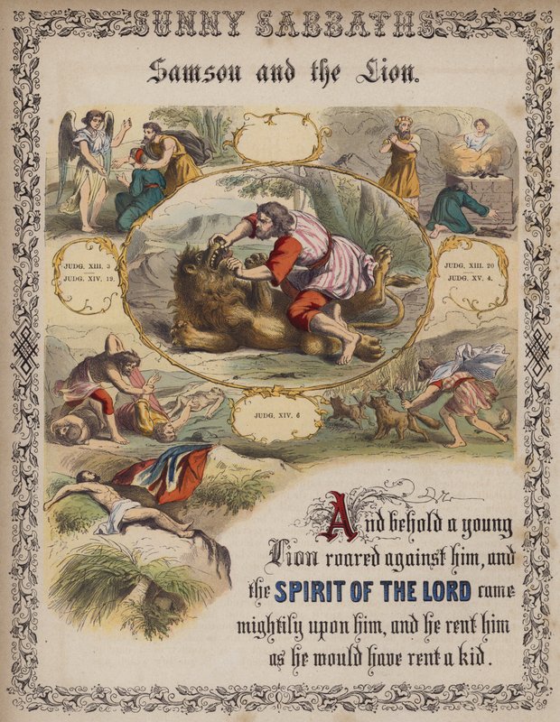 Sámson és az oroszlán (színes metszet) alkotó: English School