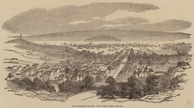 San Francisco 1851-ben, a Yerba Buena-szigettel (metszet) alkotó: English School