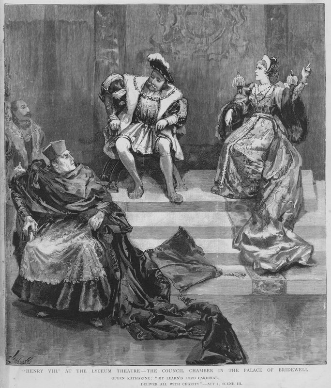 Jelenet Shakespeare VIII. Henrik című előadásából a londoni Lyceum Theatre-ben (litho) alkotó: English School