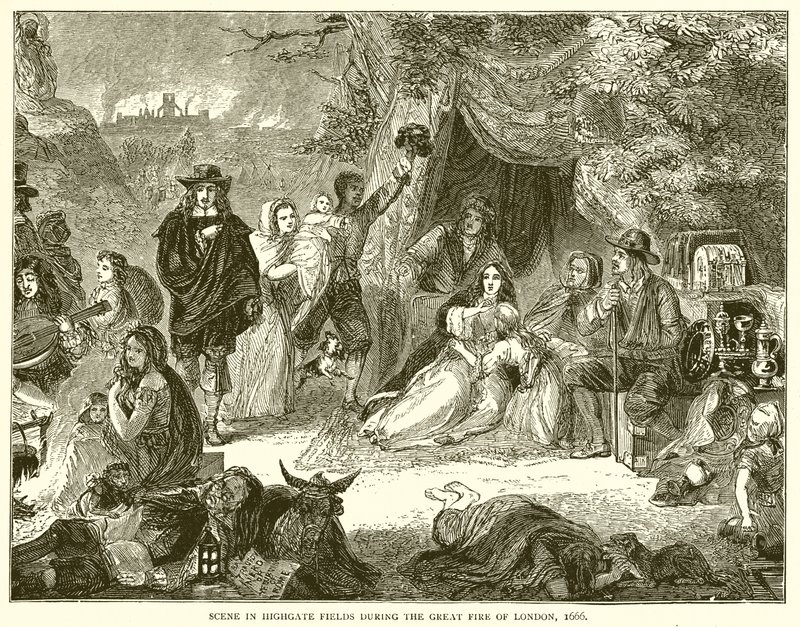 Jelenet Highgate Fieldsben az 1666-os londoni nagy tűzvész idején alkotó: English School