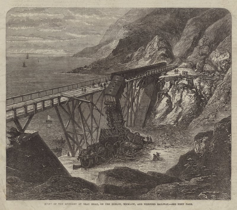 A Bray Head-i baleset helyszíne, a dublini, wicklowi és wexfordi vasúton (metszet) alkotó: English School