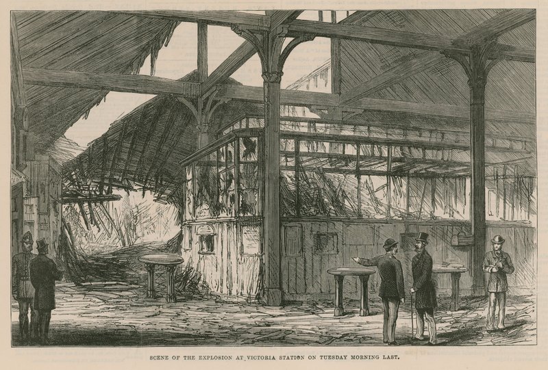 A Victoria pályaudvaron történt robbanás helyszíne 1884-ben, kedd reggel alkotó: English School