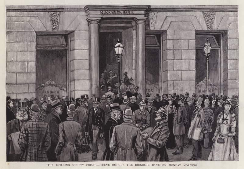 Jelenet a londoni Birkbeck Bankon kívül, az 1892-es ingatlanpiaci válság idején (litho) alkotó: English School
