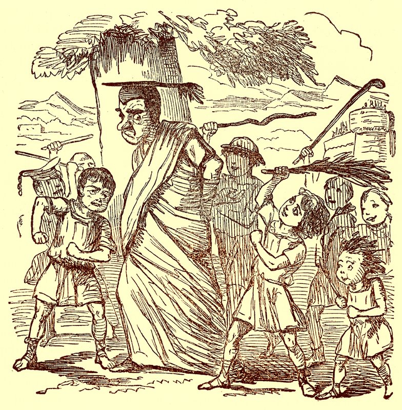 Iskolás fiúk, akik megkorbácsolják az iskolamestert, illusztráció a Róma képregénytörténetéből, Gilbert Abbott a Becketttől, megjelent 1850 körül (digitálisan javított kép) alkotó: English School
