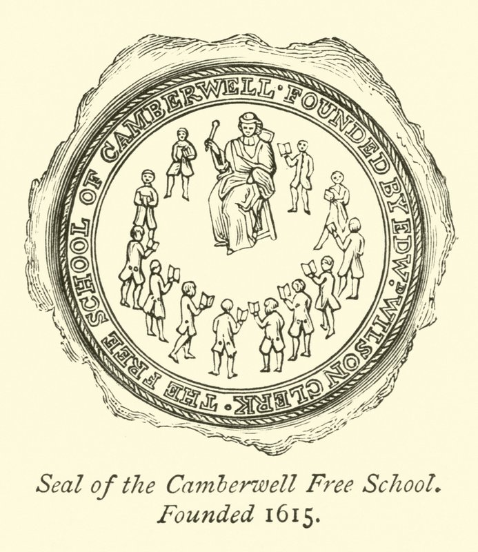 Az 1615-ben alapított Camberwell Szabadiskola pecsétje alkotó: English School