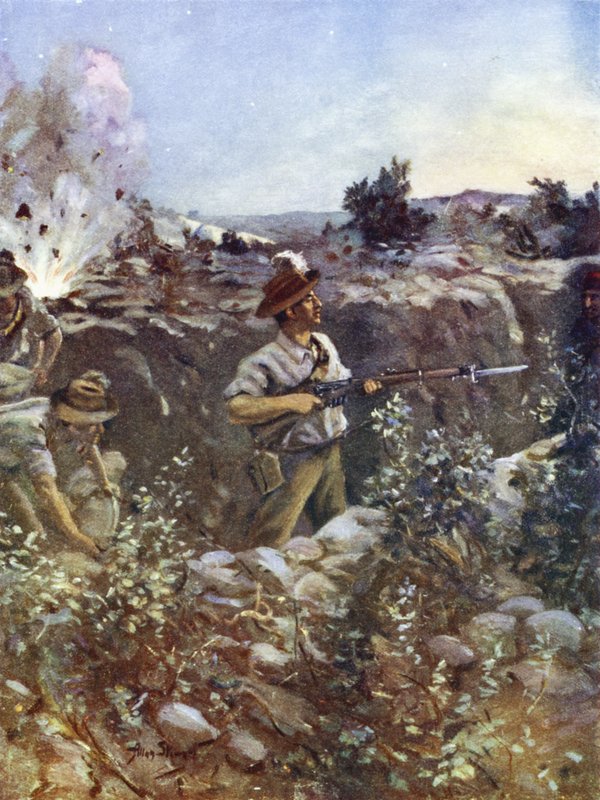 Hugo Throssell főhadnagy egy elfoglalt török lövészárok egy részét tartja az ellenség ellentámadásai ellen, 60. Hill, Gallipoli, 1915. augusztus 29. alkotó: English School