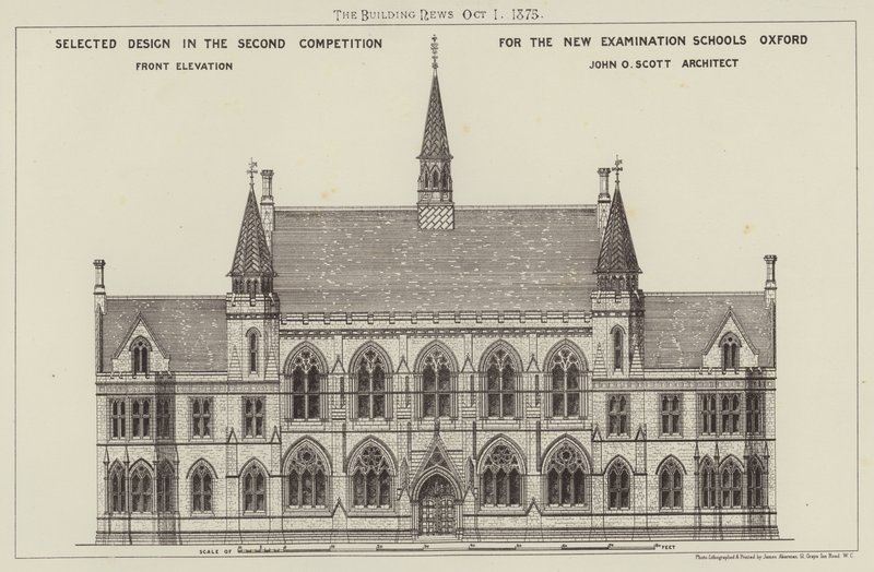Válogatott terv az oxfordi új vizsgaiskolák második versenyén, Front Elevation (metszet) alkotó: English School