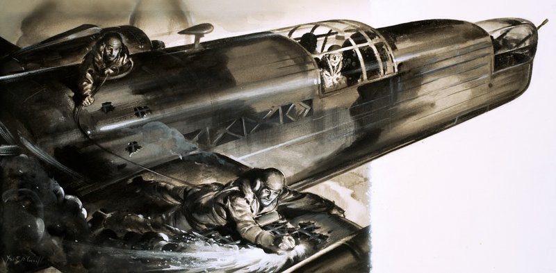 James Allen Ward őrmester egy Wellington bombázó szárnyán sétál alkotó: English School
