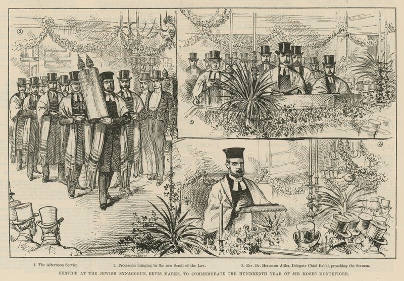 Istentisztelet a Bevis Marks zsidó zsinagógában Sir Moses Montefiore századik évének emlékére alkotó: English School
