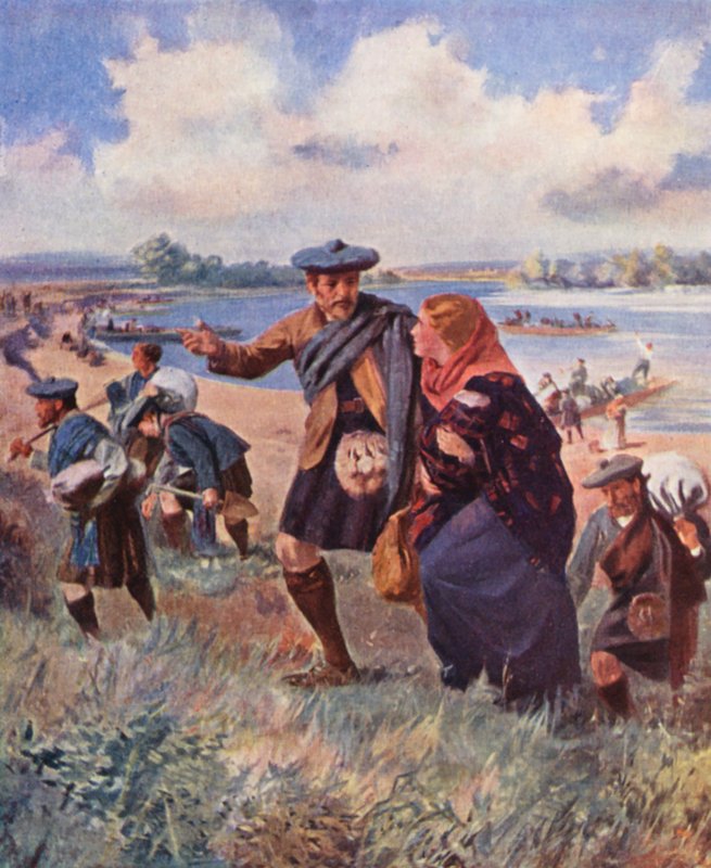 Kildonanból érkező telepesek a Vörös-folyónál, Manitoba (színes lithó) alkotó: English School