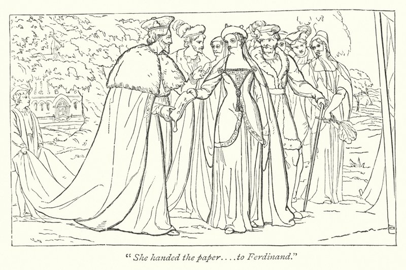 Shakespeare Szerelem munkája elveszett; A francia hercegnő átad Ferdinándnak egy dokumentumot az apjától (metszet) alkotó: English School