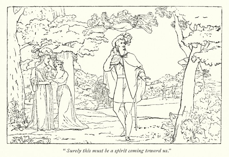 Shakespeare: A vihar; Ferdinánd Ariel dala vezetésével (metszet) alkotó: English School