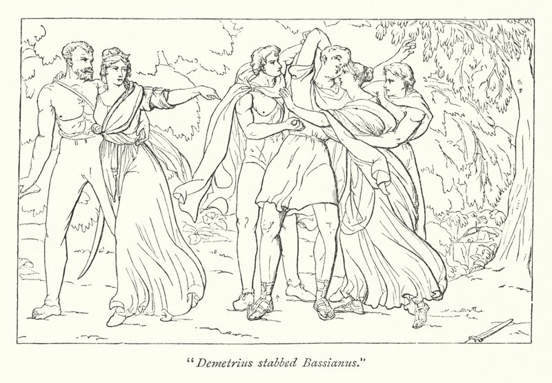 Shakespeare Titus Andronicusa; Demetrius, Tamora felbujtására, meggyilkolja Bassianust (metszet) alkotó: English School