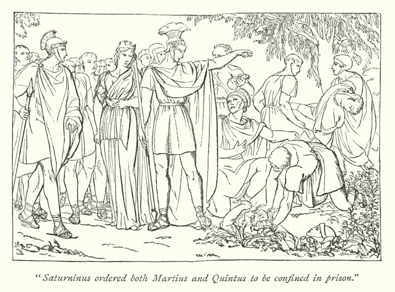 Shakespeare Titus Andronicusa; Martiust és Quintust letartóztatták Bassianus meggyilkolása miatt (metszet) alkotó: English School