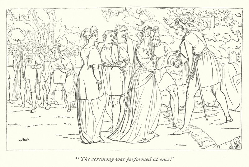 Shakespeare tizenkettedik éjszakája; Orsino átveszi Violát védője kezéből (metszet) alkotó: English School