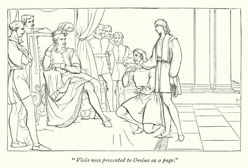Shakespeare tizenkettedik éjszakája; A Violát Orsinónak bemutató felirat alkotó: English School