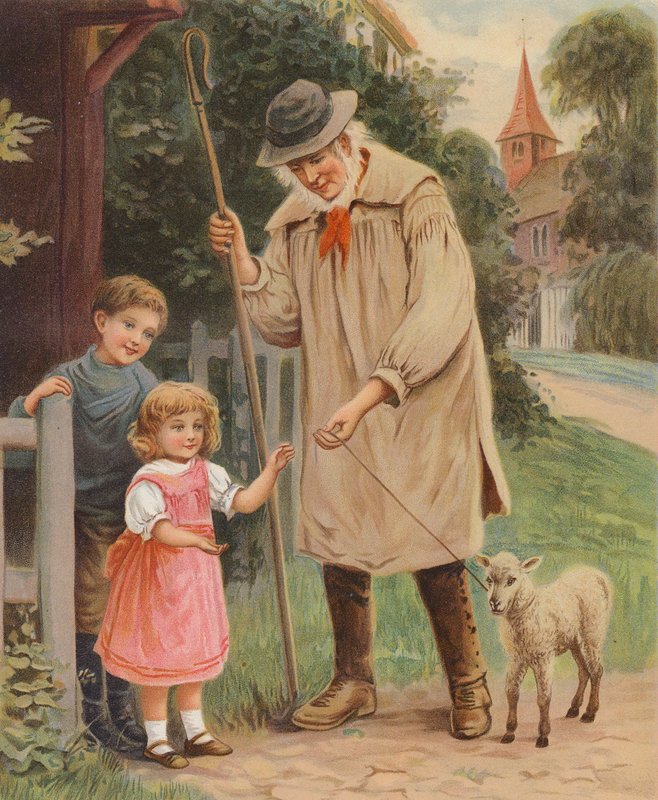 Pásztor adja a kisbárány gyeplőjét egy kislánynak (kromolito) alkotó: English School
