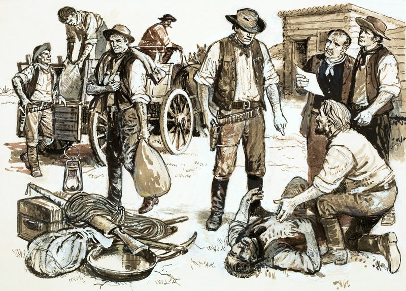 Henry Plummer seriff volt a felelős a nagykereskedelmi rablásért és erőszakért (papíron gouache) alkotó: English School