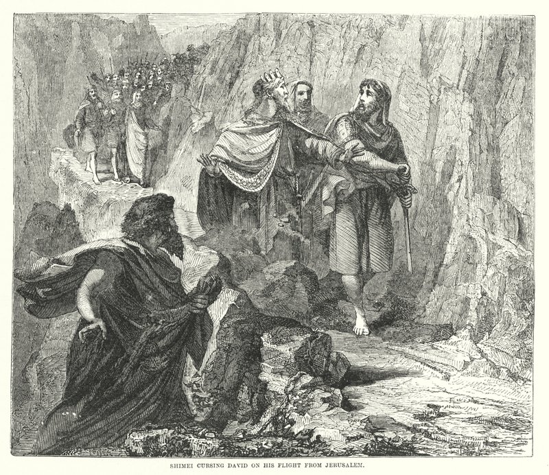 Simei átkozta Dávidot a jeruzsálemi repülés közben (metszet) alkotó: English School