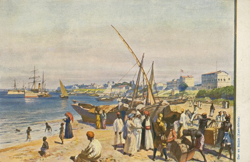 Hajó a tengerparton, Dar es Salaam, Tanzánia (színes litho) alkotó: English School