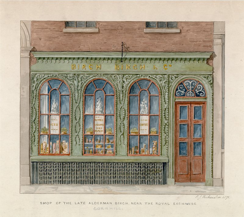 A néhai Alderman Birch boltja a Royal Exchange közelében. 1871 (wc papíron) alkotó: English School