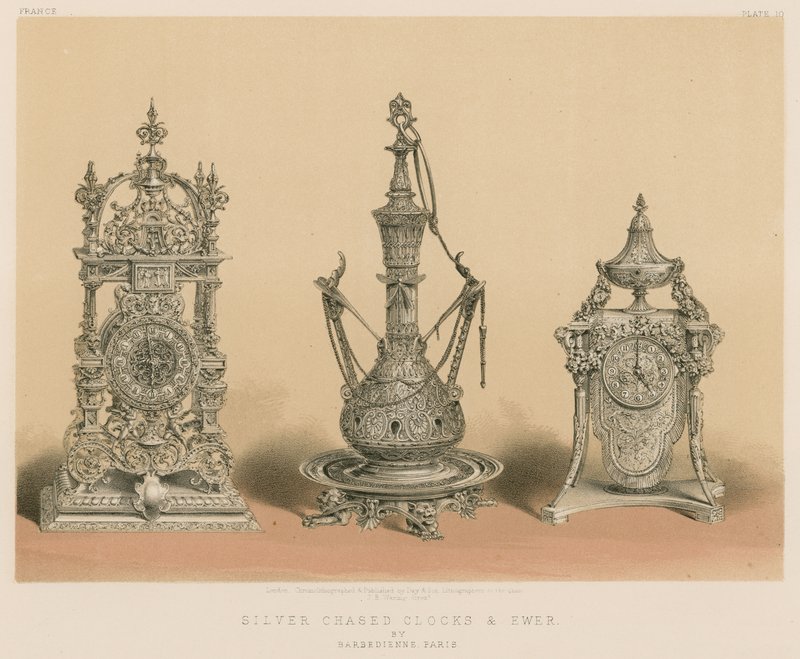Silver Chased Clocks and Ewer, Barbedienne, Paris alkotó: English School