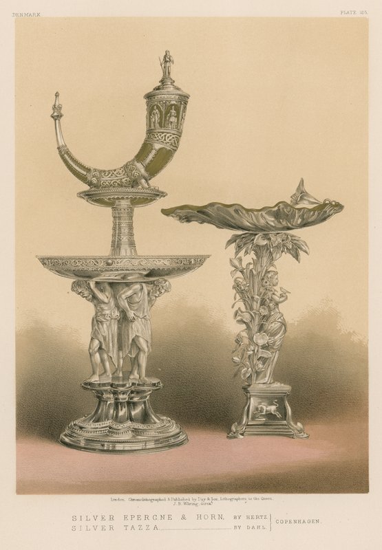 Silver Epergne és Horn a Hertztől, Silver Tazza a Dahltól, Koppenhága alkotó: English School