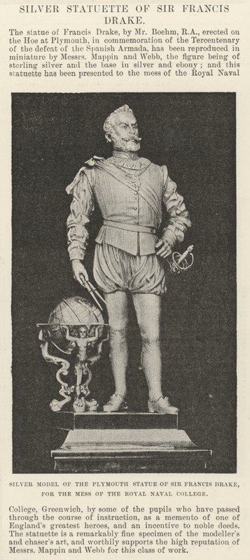Sir Francis Drake plymouthi szobrának ezüstmodellje, a Royal Naval College rendetlenségéhez (metszet) alkotó: English School