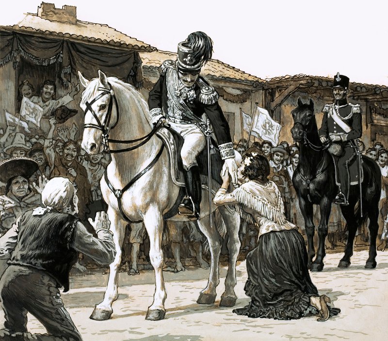 Simon Bolivar diadalmasan lovagol Caracas utcáin alkotó: English School
