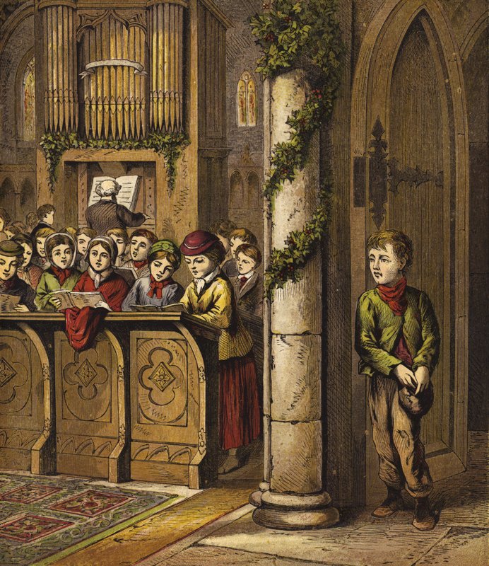 Énekeket énekelnek a templomban, szegény fiúval az ajtóban alkotó: English School