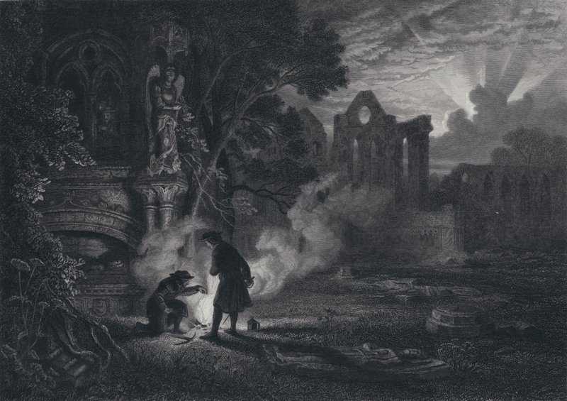 Sir Arthur és Dousterswivel Szent Ruth romjaiban (metszet) alkotó: English School