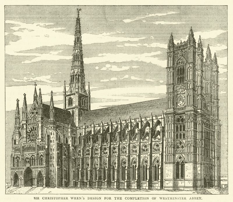 Sir Christopher Wren terve a Westminster Abbey befejezéséhez (metszet) alkotó: English School