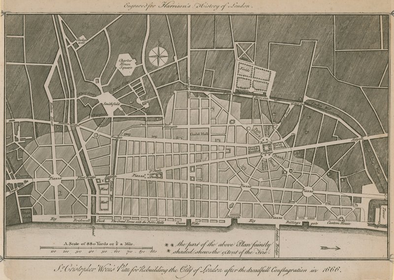 Sir Christopher Wrens terve London City újjáépítéséről az 1666-os szörnyű tűzvész után alkotó: English School