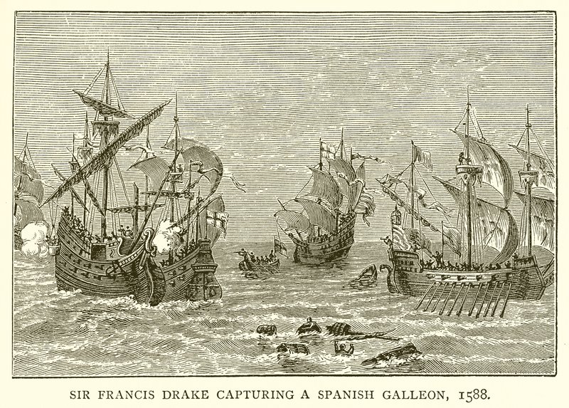 Sir Francis Drake elfog egy spanyol galleont, 1588 alkotó: English School