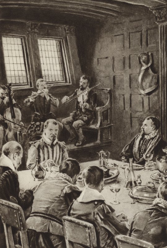 Sir Francis Drake, a The Golden Hindben vacsorázik hegedűk hangján alkotó: English School