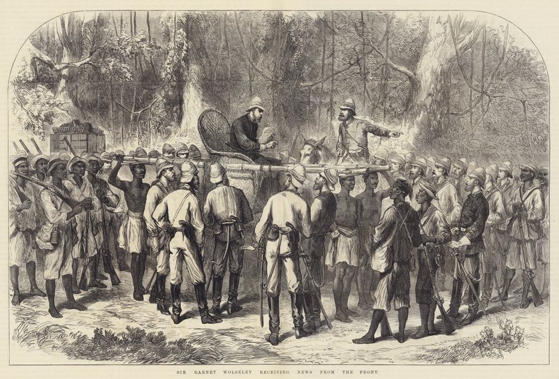 Sir Garnet Wolseley híreket kap a frontról (metszet) alkotó: English School