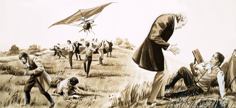 Sir George Cayley kocsisa egy repülőgépet vezet 1852-ben alkotó: English School