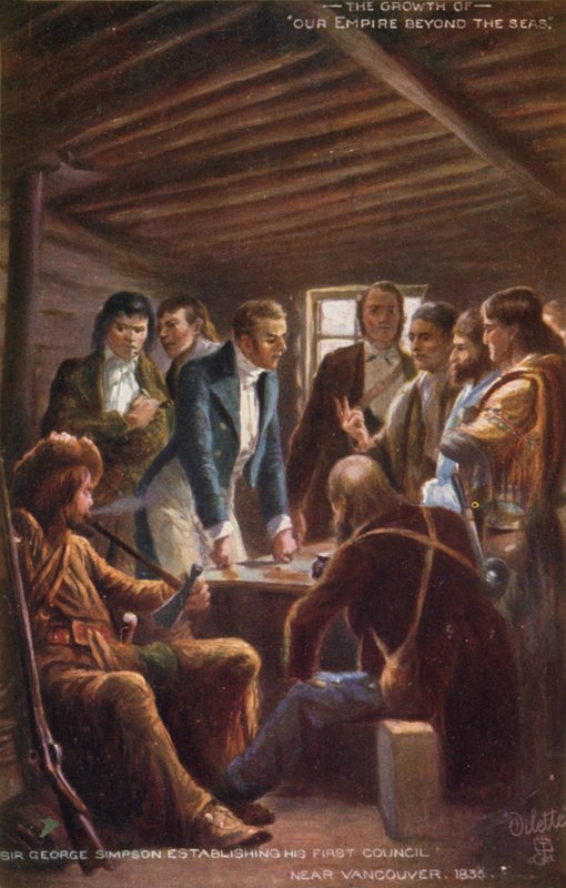 Sir George Simpson megalapítja első tanácsát Vancouver közelében, 1835-ben alkotó: English School