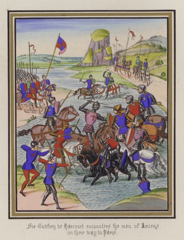 Sir Godfrey De Harcourt az amiens-i férfiakkal találkozik Párizs felé vezető úton (színes metszet) alkotó: English School