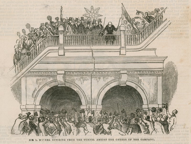 Sir Isambard Brunel visszavonul az alagútból a társaság éljenzése közepette alkotó: English School
