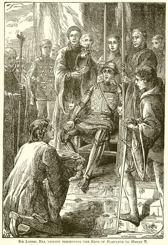 Sir Lionel Bra Uemont bemutatja Harfleur kulcsait Henry V.-nek alkotó: English School