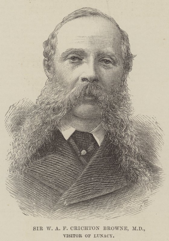 Sir W A F Crichton Browne, MD, a Lunacy látogatója (metszet) alkotó: English School
