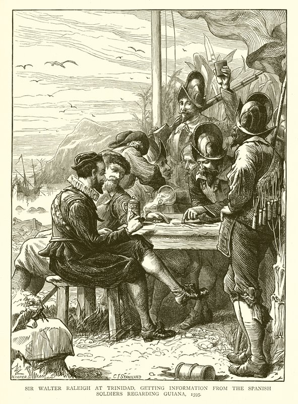 Sir Walter Raleigh Trinidadban, információkat kap a spanyol katonáktól Guyanával kapcsolatban, 1595 alkotó: English School