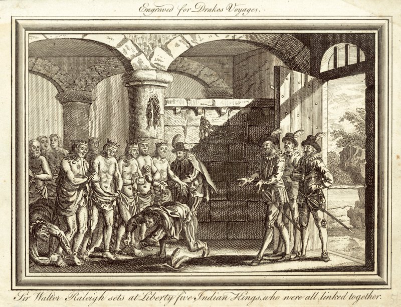 Sir Walter Raleigh szabadon enged öt indiai királyt, akiket összekötöttek (metszet) alkotó: English School