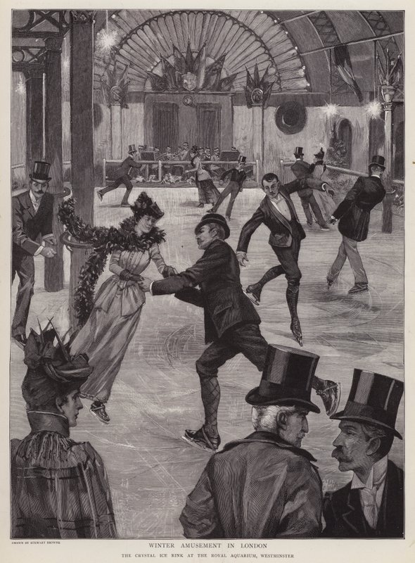 Korcsolyázás a Crystal jégpályán a Royal Aquariumban, Westminster, London (litho) alkotó: English School