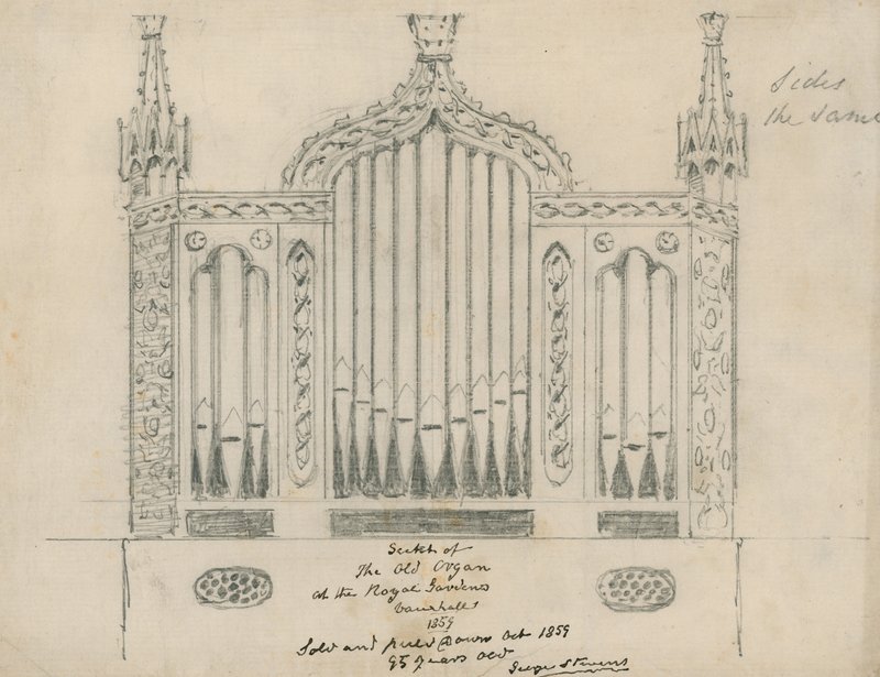 Vázlat a régi orgonáról a Royal Gardensben (Vauxhall Gardens, London) alkotó: English School